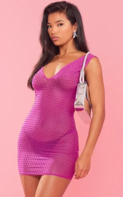 Diamante Mesh V Neck Open Back Bodycon Dress-PrettyLittleThing Online