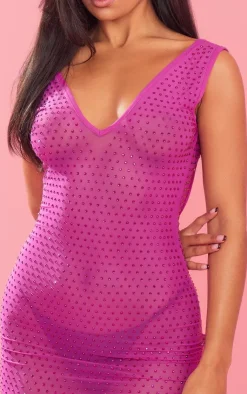 Diamante Mesh V Neck Open Back Bodycon Dress-PrettyLittleThing Online