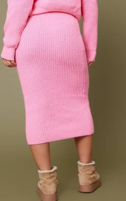 Clearance PrettyLittleThing Fitted Knit Midi Skirt Hot Pink