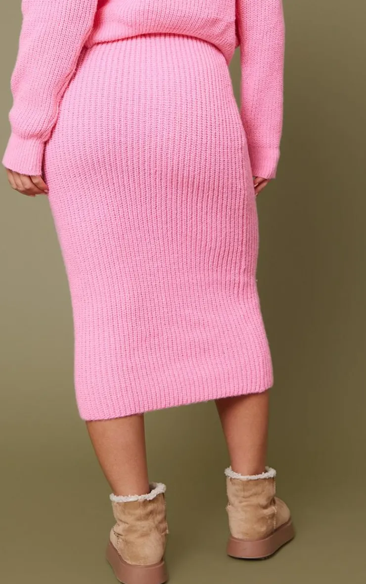 Clearance PrettyLittleThing Fitted Knit Midi Skirt Hot Pink