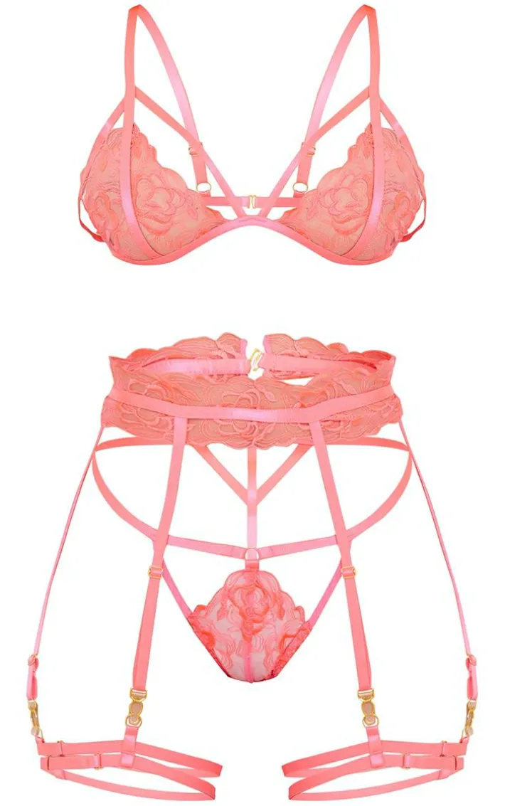 Hot Pink Floral Embroidered Lace Harness Detail 3 Piece Lingerie Set