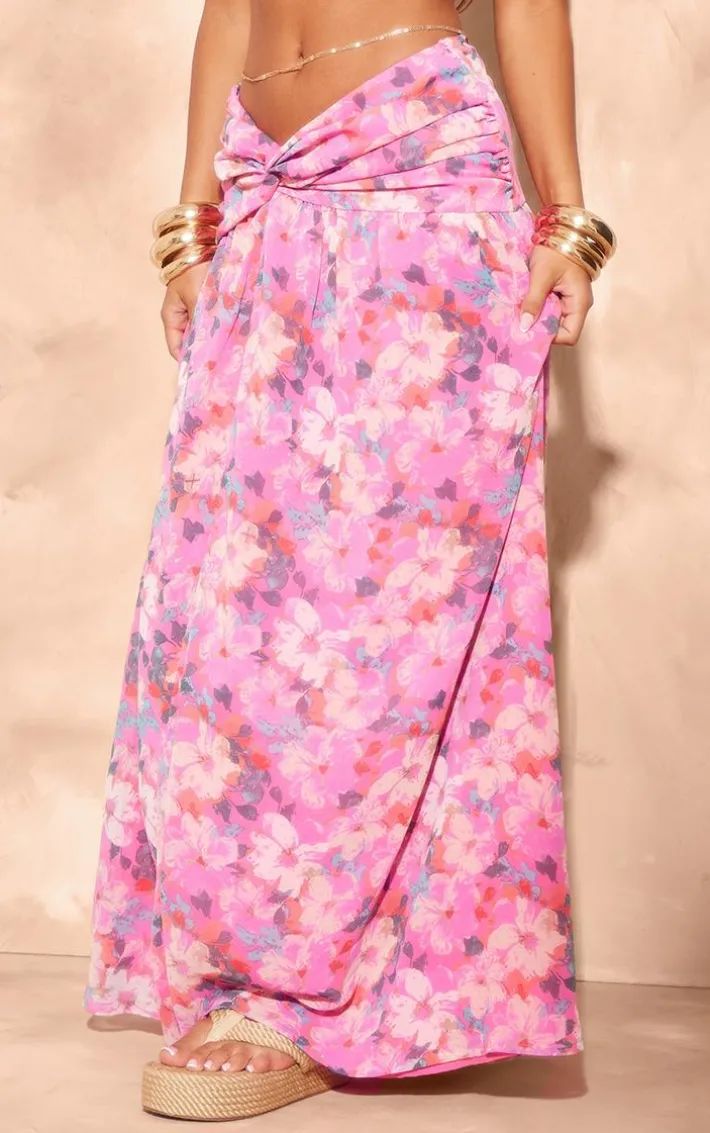 Hot Pink Floral Print Twist Front Maxi Skirt