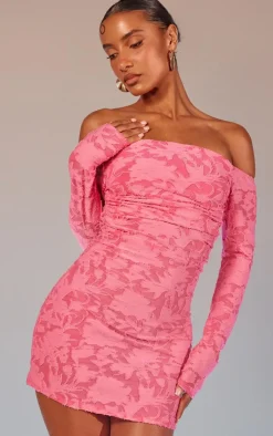Floral Sheer Burnout Bardot Bodycon Dress-PrettyLittleThing New