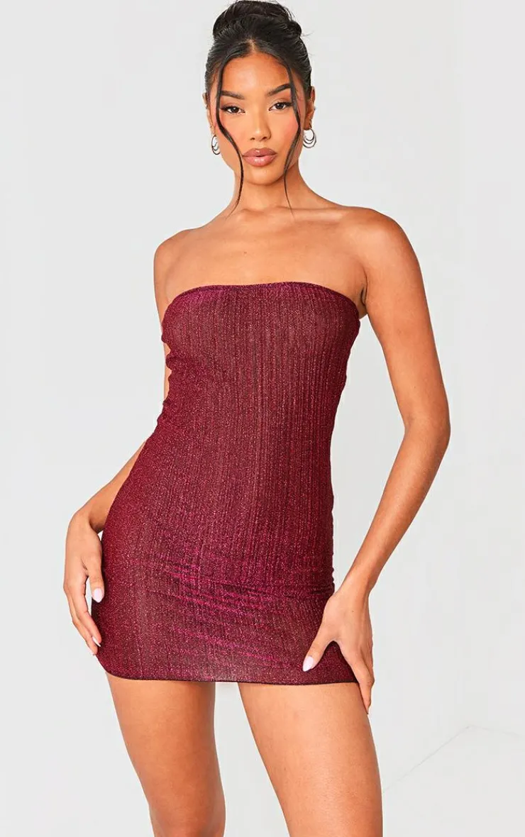 Glitter Plisse Bandeau Lettuce Hem Bodycon Dress-PrettyLittleThing New