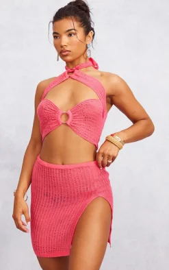 PrettyLittleThing Laddering Knit Double Ring Halter Top Hot Pink