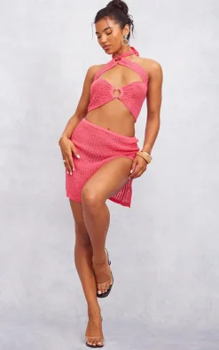 PrettyLittleThing Laddering Knit Double Ring Halter Top Hot Pink