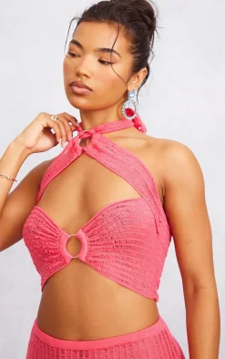 PrettyLittleThing Laddering Knit Double Ring Halter Top Hot Pink