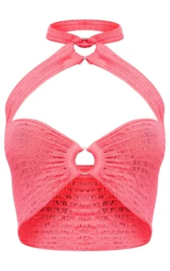 PrettyLittleThing Laddering Knit Double Ring Halter Top Hot Pink