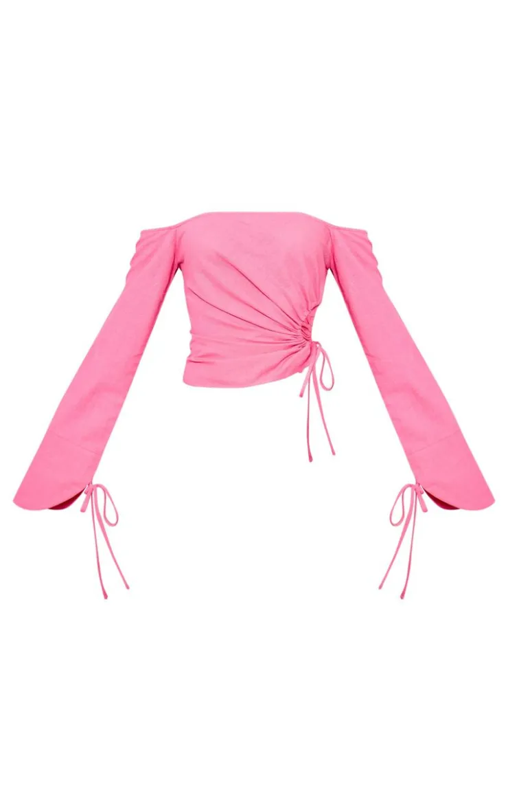 New PrettyLittleThing Linen Look Bardot Tie Detail Top Hot Pink