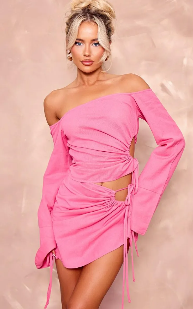 Best PrettyLittleThing Linen Look Ruched Detail Mini Skirt Hot Pink
