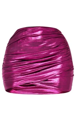 Hot Pink Metallic Ruched Mini Skirt
