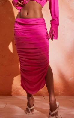 Clearance PrettyLittleThing Mid Rise Ruched Midaxi Skirt Hot Pink