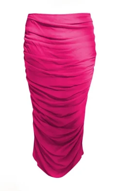 Clearance PrettyLittleThing Mid Rise Ruched Midaxi Skirt Hot Pink