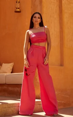 Online PrettyLittleThing Pleated Waistband Extreme Wide Leg Pants Hot Pink