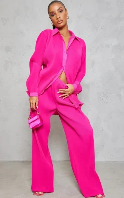 Hot PrettyLittleThing Plisse High Waisted Wide Leg Pants Hot Pink