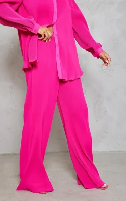 Hot PrettyLittleThing Plisse High Waisted Wide Leg Pants Hot Pink