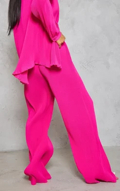 Hot PrettyLittleThing Plisse High Waisted Wide Leg Pants Hot Pink