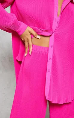 Hot PrettyLittleThing Plisse High Waisted Wide Leg Pants Hot Pink