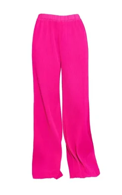 Hot PrettyLittleThing Plisse High Waisted Wide Leg Pants Hot Pink