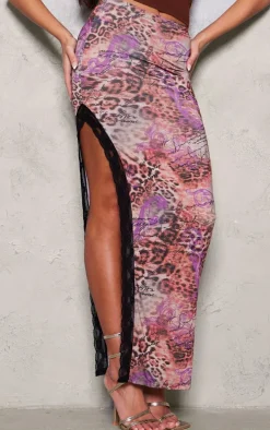 Hot Pink Printed Slinky Lace Trim Maxi Skirt