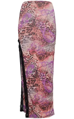 Hot Pink Printed Slinky Lace Trim Maxi Skirt