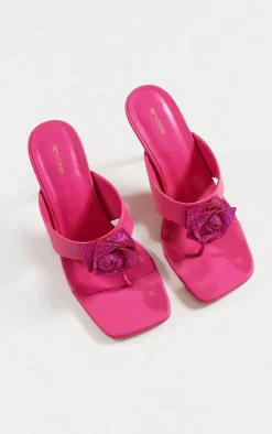 PrettyLittleThing Mules*Pu Square Thong Toe Diamante Flower Heeled Mules
