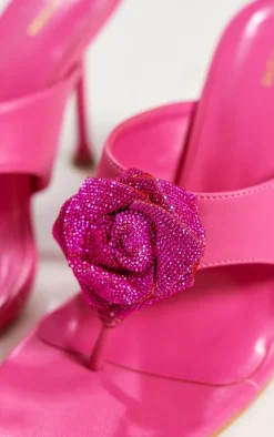 PrettyLittleThing Mules*Pu Square Thong Toe Diamante Flower Heeled Mules