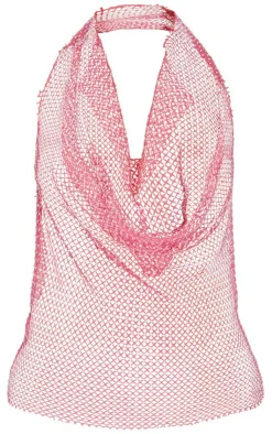 Rhinestone Fishnet Cowl Halterneck Long Top-PrettyLittleThing New