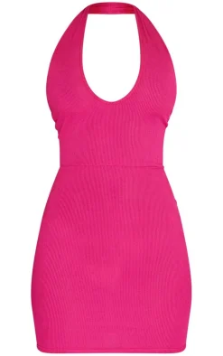 Ribbed Halterneck Tie Back Bodycon Dress-PrettyLittleThing New
