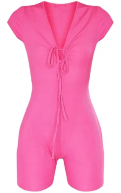PrettyLittleThing Unitards*Ribbed Tie Detail Short Sleeve Unitard