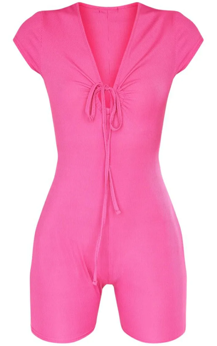 PrettyLittleThing Unitards*Ribbed Tie Detail Short Sleeve Unitard