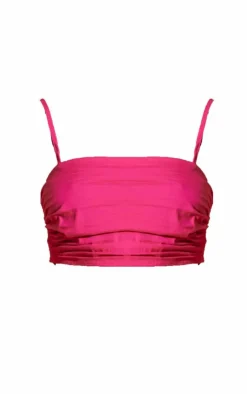 Online PrettyLittleThing Ruched Tie Strap Crop Top Hot Pink