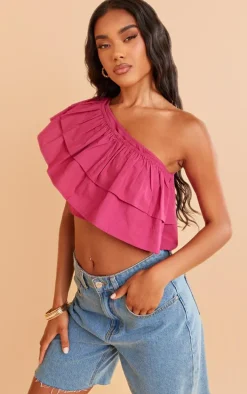 Hot Pink Ruffle One Shoulder Crop