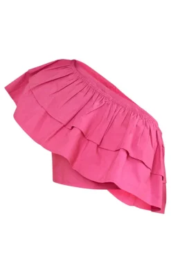 Hot Pink Ruffle One Shoulder Crop