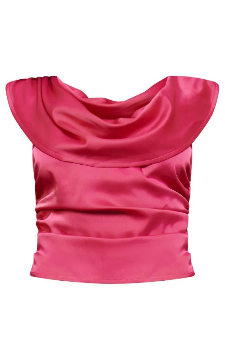 New PrettyLittleThing Satin Cowl Neck Ruched Top Hot Pink