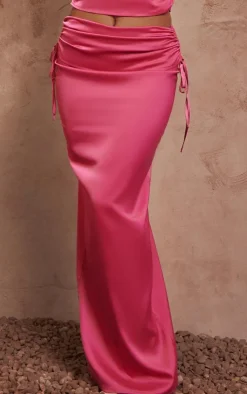 New PrettyLittleThing Satin Ruched Maxi Skirt Hot Pink
