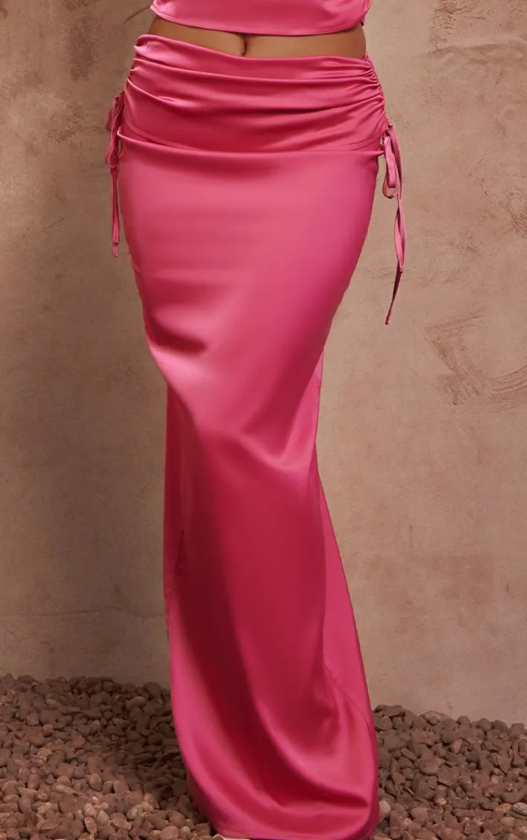 New PrettyLittleThing Satin Ruched Maxi Skirt Hot Pink