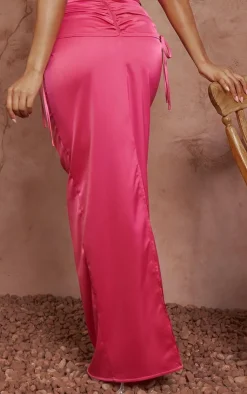 New PrettyLittleThing Satin Ruched Maxi Skirt Hot Pink