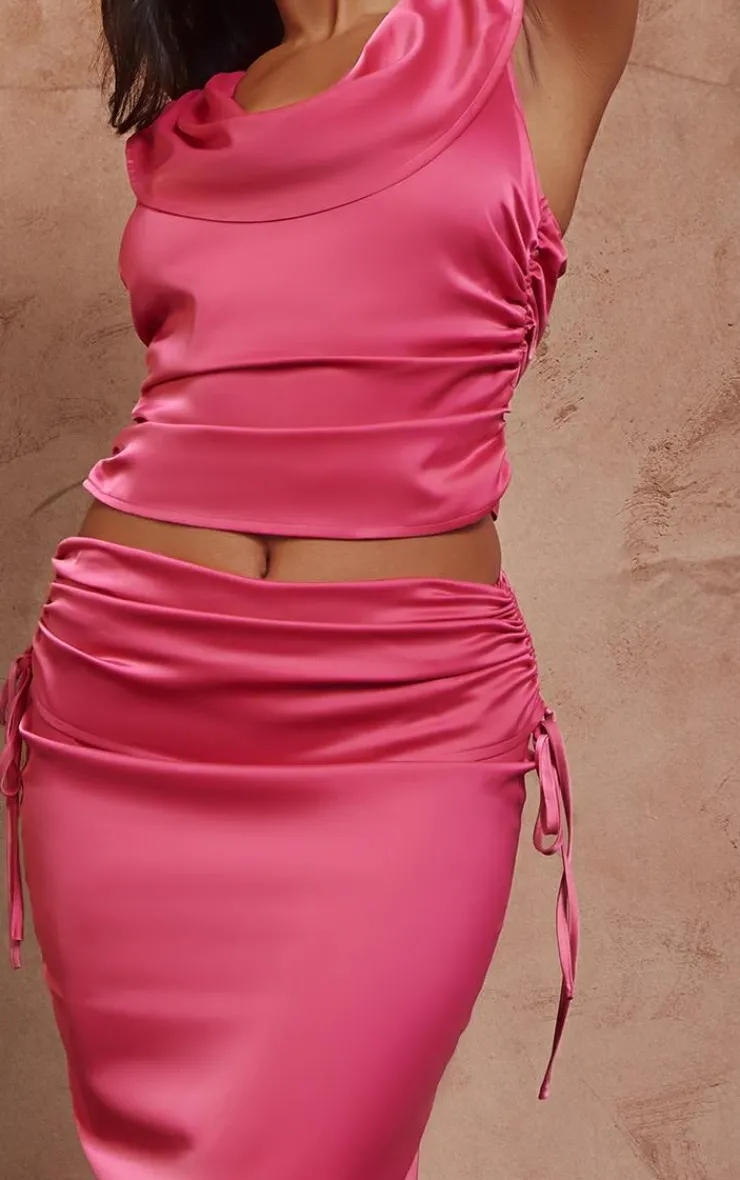 New PrettyLittleThing Satin Ruched Maxi Skirt Hot Pink