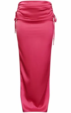 New PrettyLittleThing Satin Ruched Maxi Skirt Hot Pink