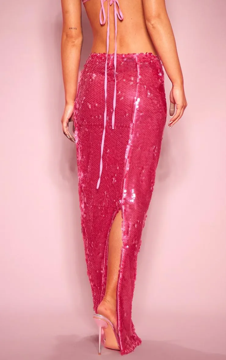 PrettyLittleThing Sheer Sequin High Waist Maxi Skirt Hot Pink