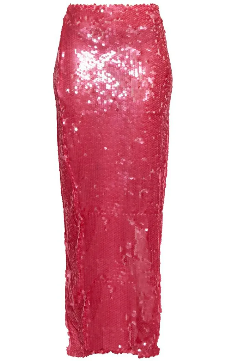 PrettyLittleThing Sheer Sequin High Waist Maxi Skirt Hot Pink