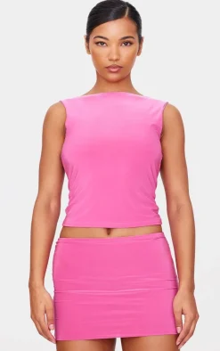 New PrettyLittleThing Slinky Open Back Longline Top Hot Pink