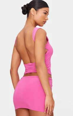 New PrettyLittleThing Slinky Open Back Longline Top Hot Pink