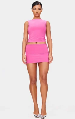 New PrettyLittleThing Slinky Open Back Longline Top Hot Pink