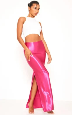 Hot Pink Stretch Satin Split Side Maxi Skirt