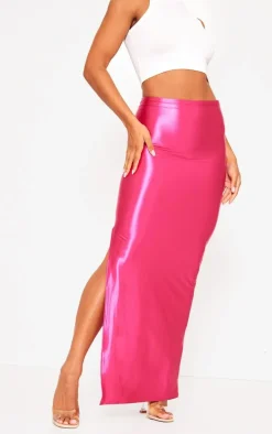 Hot Pink Stretch Satin Split Side Maxi Skirt