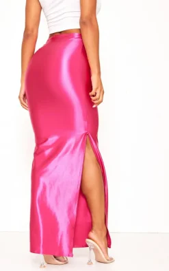 Hot Pink Stretch Satin Split Side Maxi Skirt