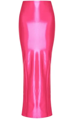 Hot Pink Stretch Satin Split Side Maxi Skirt