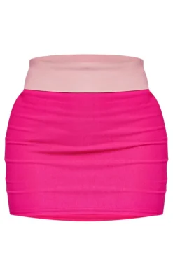 New PrettyLittleThing Stretch Woven Fold Over Detail Micro Mini Skirt Hot Pink